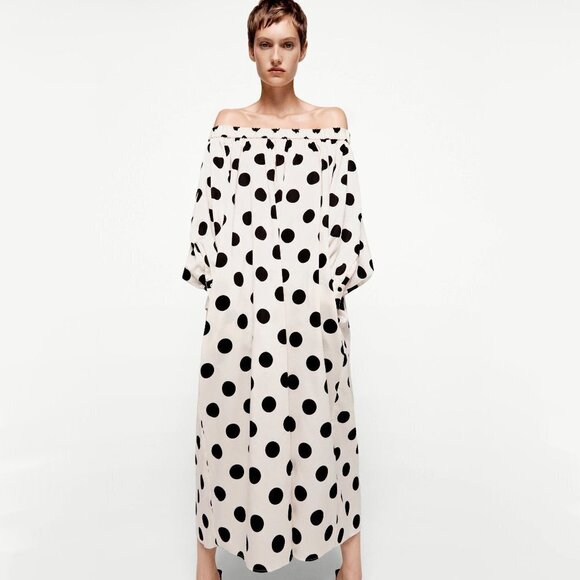 NWT Zara off-white ecru and black polka dot dress, S - Picture 4 of 15